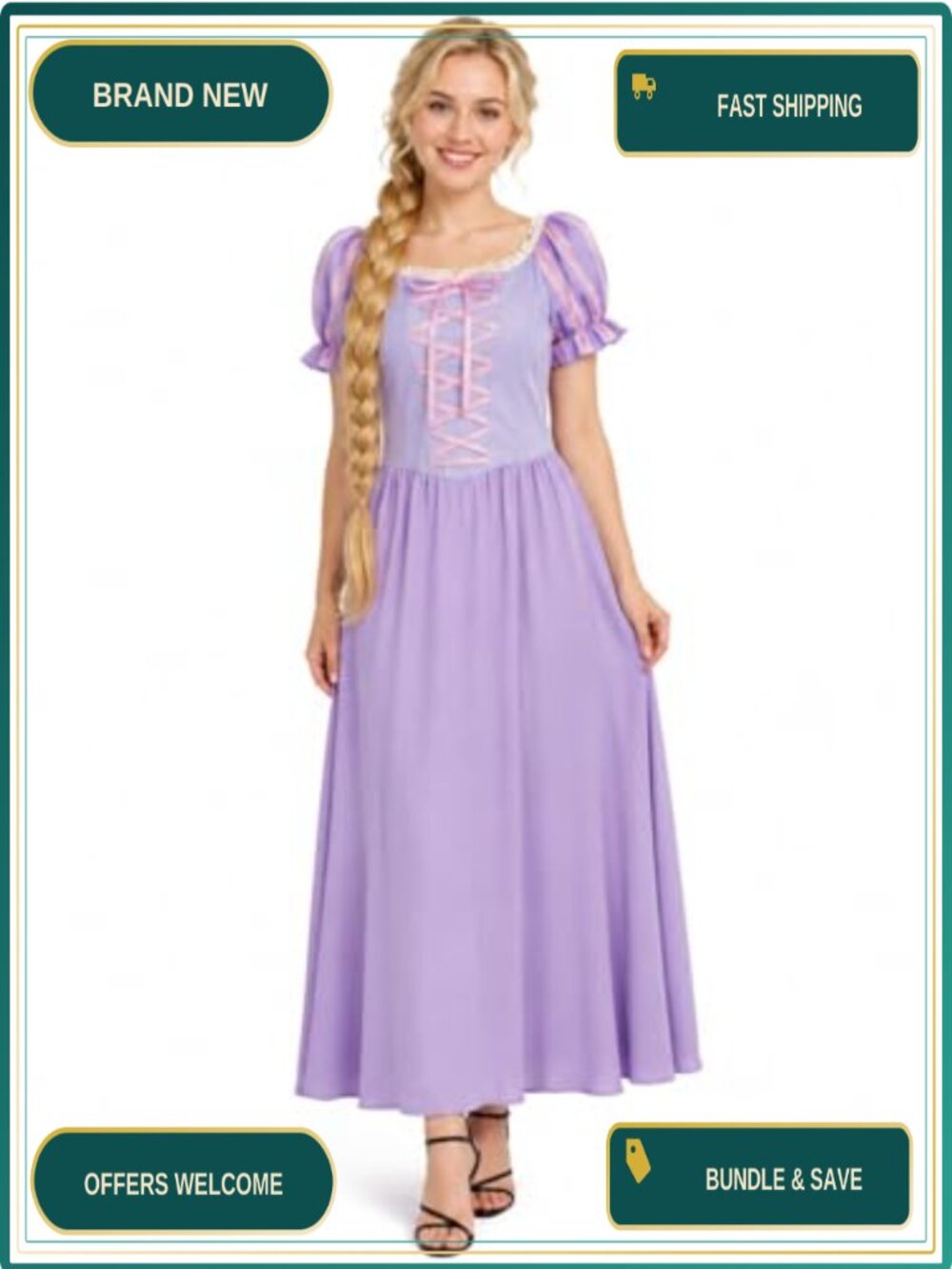 Rapunzel Costume Dress Puff Sleeves Twirl Skirt Halloween Cosplay Party